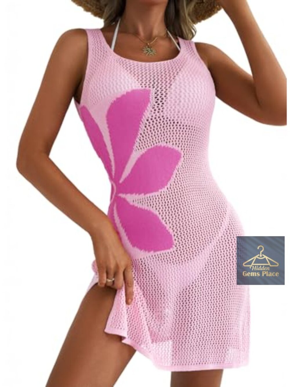 Dokotoo Crochet Floral Hollow Out Swim Cover-Up Slit Beach Dress
